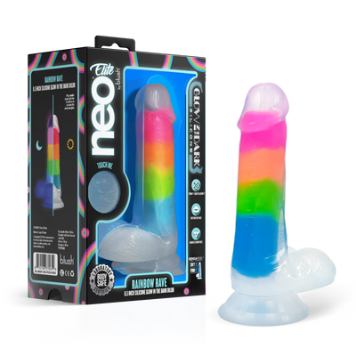 Neo Elite Rainbow Rave - Glow + Dual-Density Suction Cup Dildo